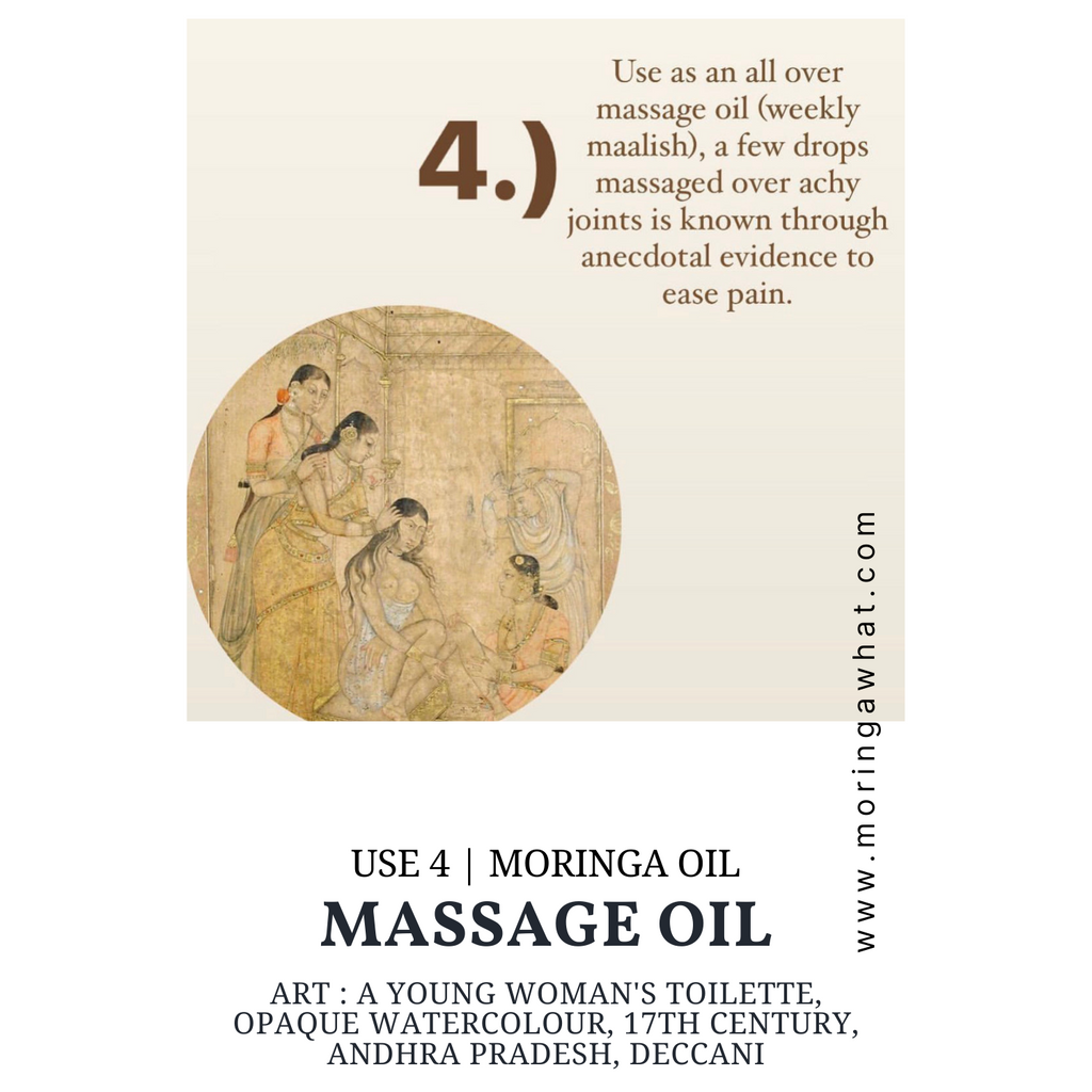 NO. 4 | Use as a massage oil or what we call in the Indian subcontinent, MAALISH. The perfect ritual to unwind, rest and recharge. Works well as a Head massage or body massage. A few drops massaged into achy joints is known through anecdotal evidence to ease pain. 